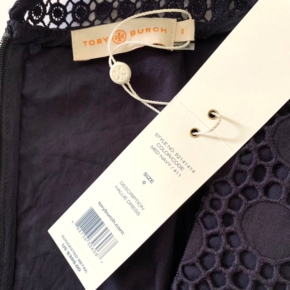 NWT Tory Burch Hallie‎ Eyelet Dress 0 00 XS Cotton $395 Navy Lace Fit Flare - Picture 4 of 13
